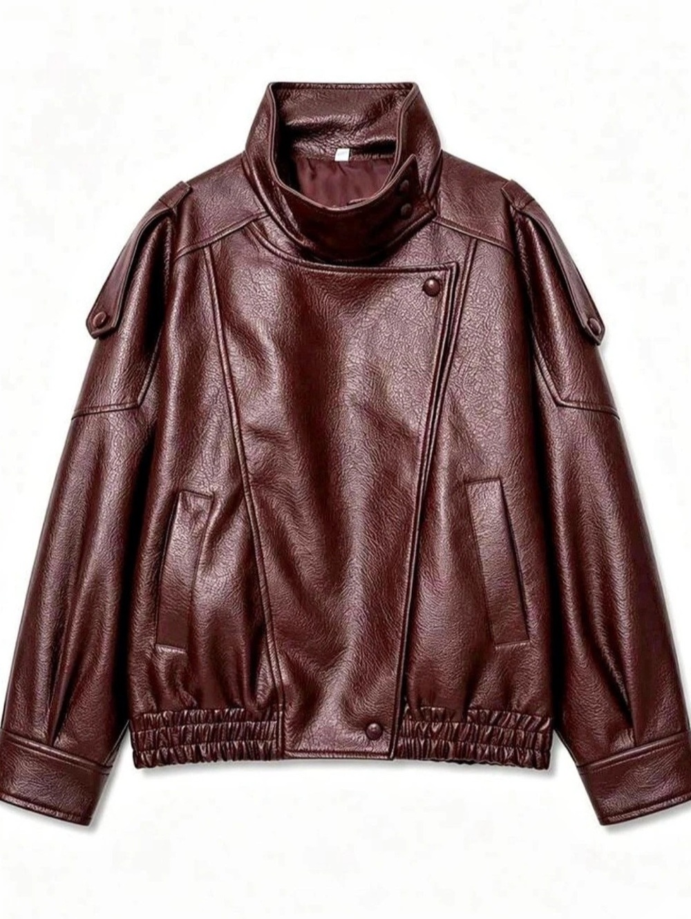 Garage Oversized Faux Leather Stand Collar Bomber Burgundy Medium